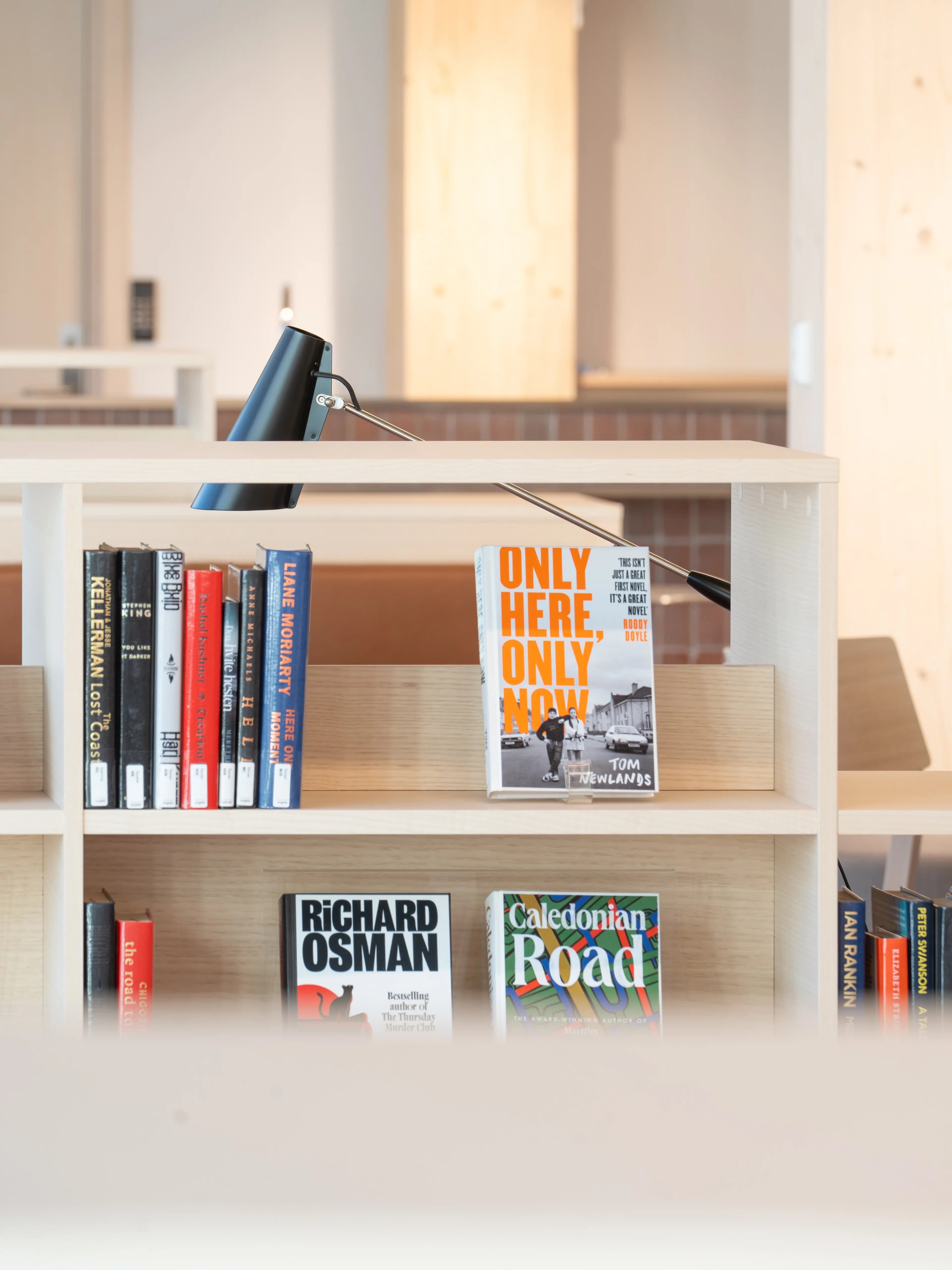 Close-up of bookshelves at Sarpsborg Library.